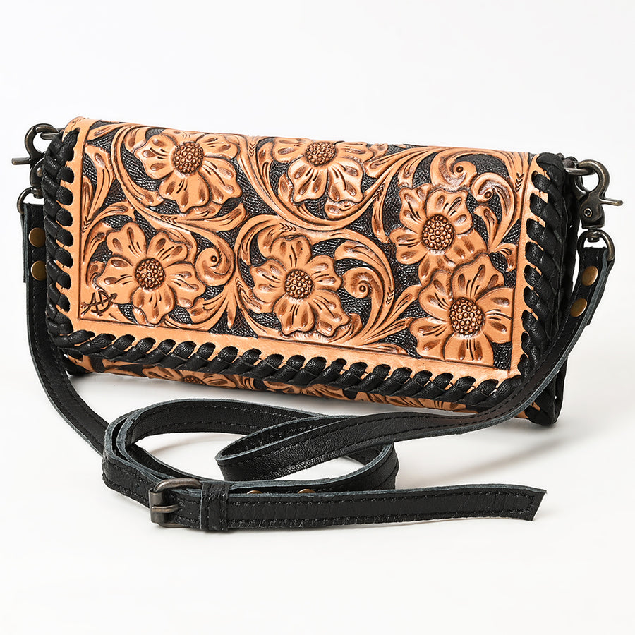American Darling Hand Tooled Leather Crossbody Wallet | Floral Braided Purse - Uhorse