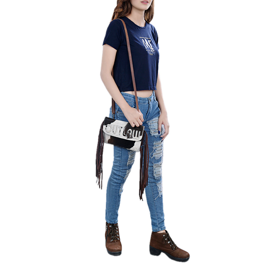 American Darling Western Clutch Handcrafted from Hair-On Cowhide Wallet Hand Bag | Slogan Cut-Out Flap, Long Leather Fringe & Crossbody Strap