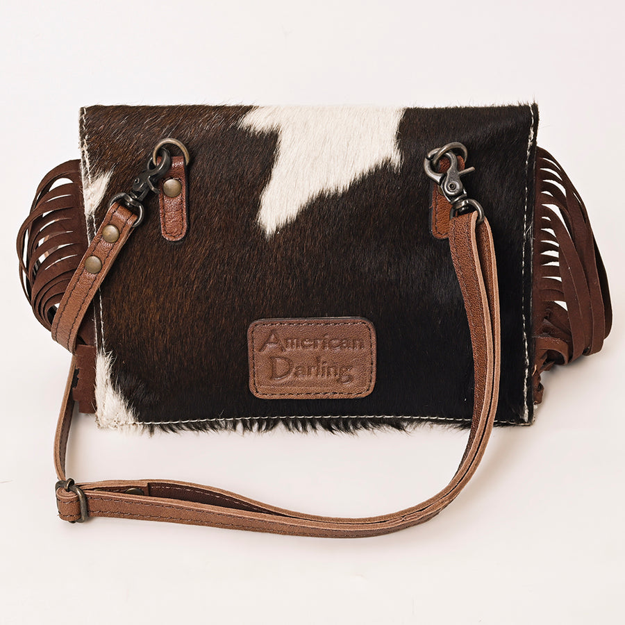 American Darling Western Clutch Handcrafted from Hair-On Cowhide Wallet Hand Bag | Slogan Cut-Out Flap, Long Leather Fringe & Crossbody Strap