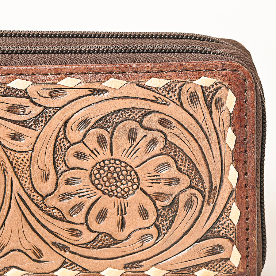 American Darling Hand-Tooled Leather Wristlet Bag – Genuine Floral Carved Wallet with Premium Buckstitch Detailing