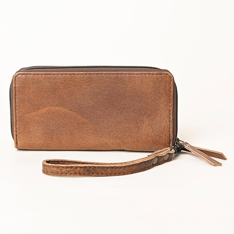 American Darling Hand-Tooled Leather Wristlet Bag – Genuine Floral Carved Wallet with Premium Buckstitch Detailing