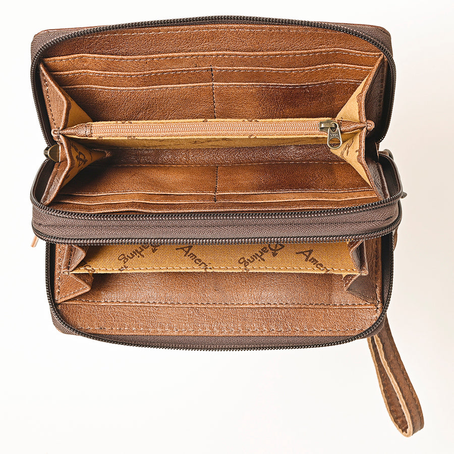 American Darling Hand-Tooled Leather Wristlet Bag – Genuine Floral Carved Wallet with Premium Buckstitch Detailing
