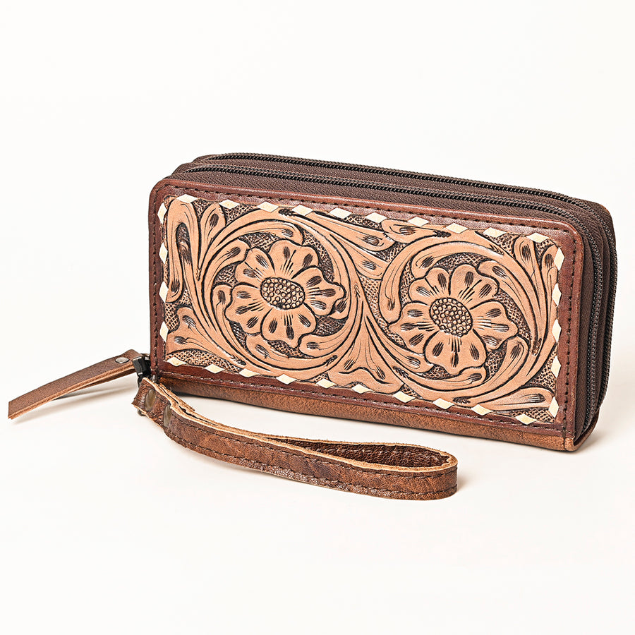 American Darling Hand-Tooled Leather Western Wristlet Bag - Genuine Floral Carved Wallet - Uhorse