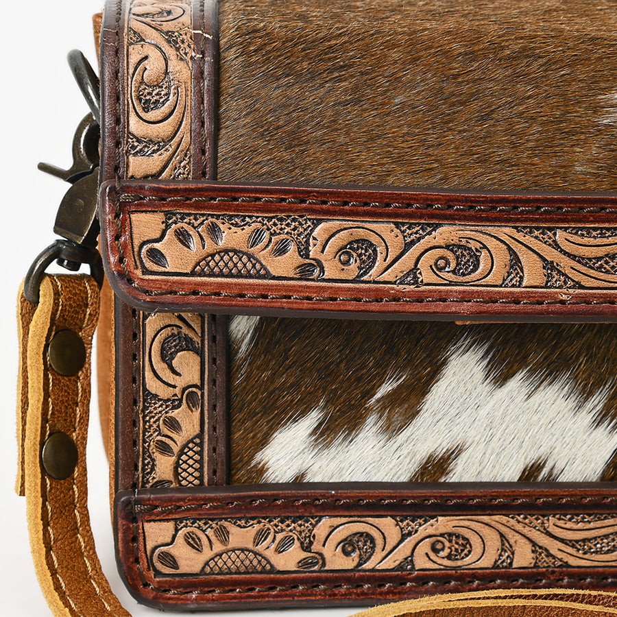 American Darling Western Leather Crossbody Bag – Genuine Hair-On Cowhide Purse with Hand-Tooled Floral Accents & Adjustable Strap