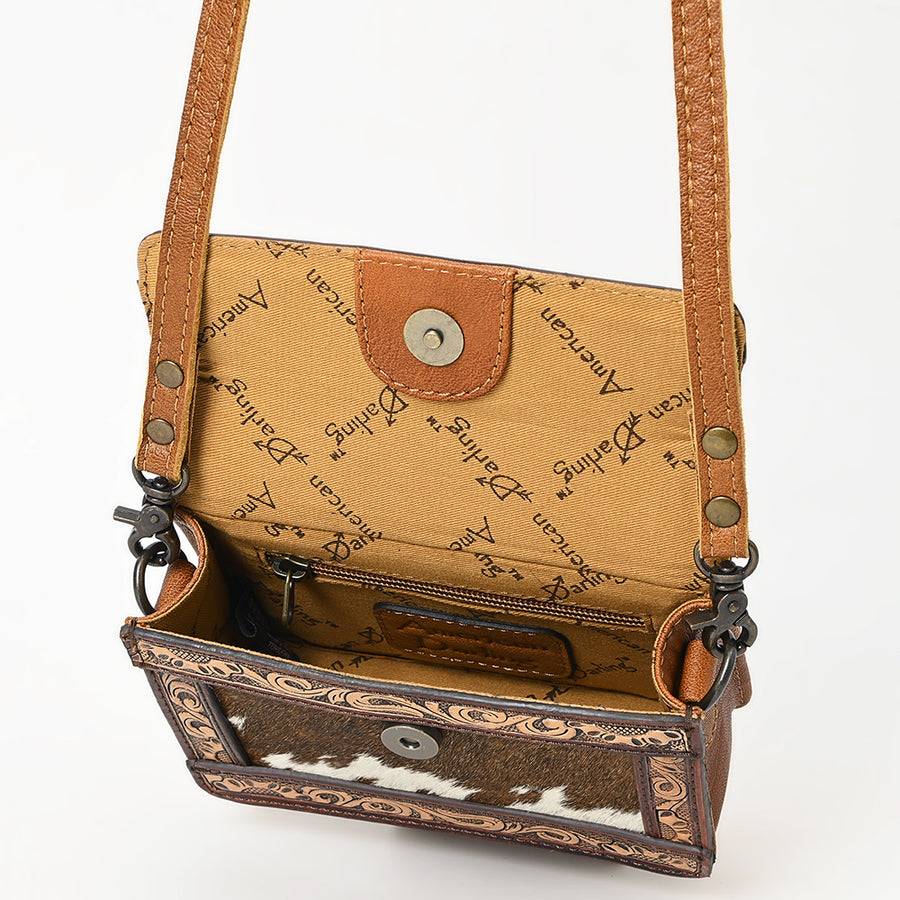 American Darling Western Leather Crossbody Bag – Genuine Hair-On Cowhide Purse with Hand-Tooled Floral Accents & Adjustable Strap