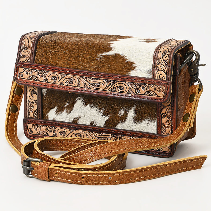 American Darling Handcrafted Western Leather Crossbody Bag with Hair-On Cowhide and Tooled Details - Uhorse