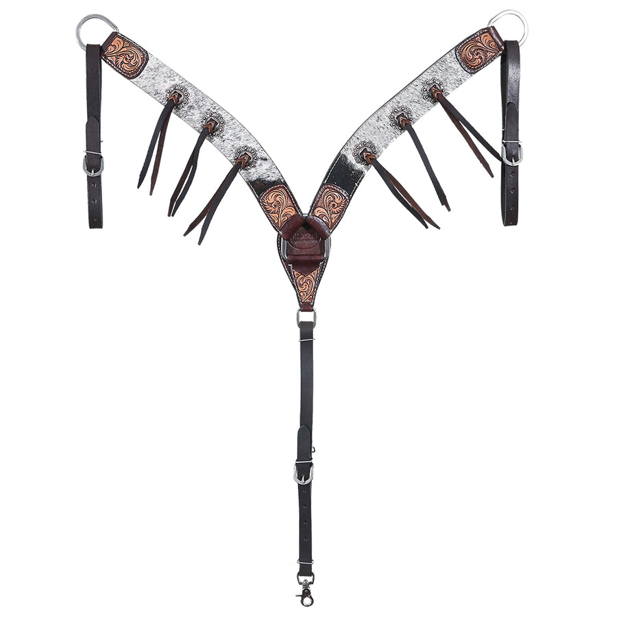 Hilason Horse Hand Carved American Hair On Leather Breast Collar Headstall Brown