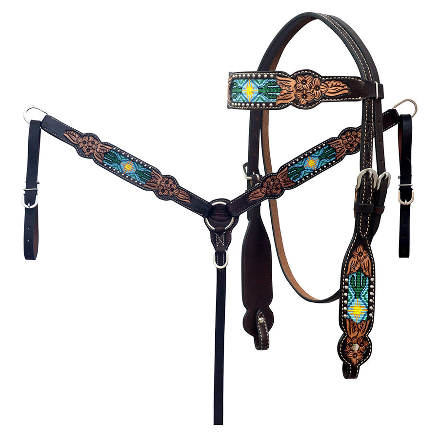 HILASON Western Leather Horse Headstall & Breast Collar Floral Beaded Brown