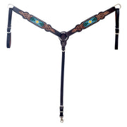 HILASON Western Leather Horse Headstall & Breast Collar Floral Beaded Brown