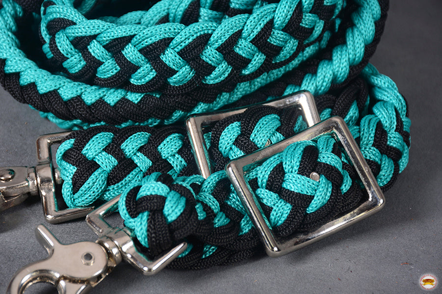 8 Ft. HILASON Braided Turquoise & Black Flat Poly Roping Rein w/ Trigger Snap