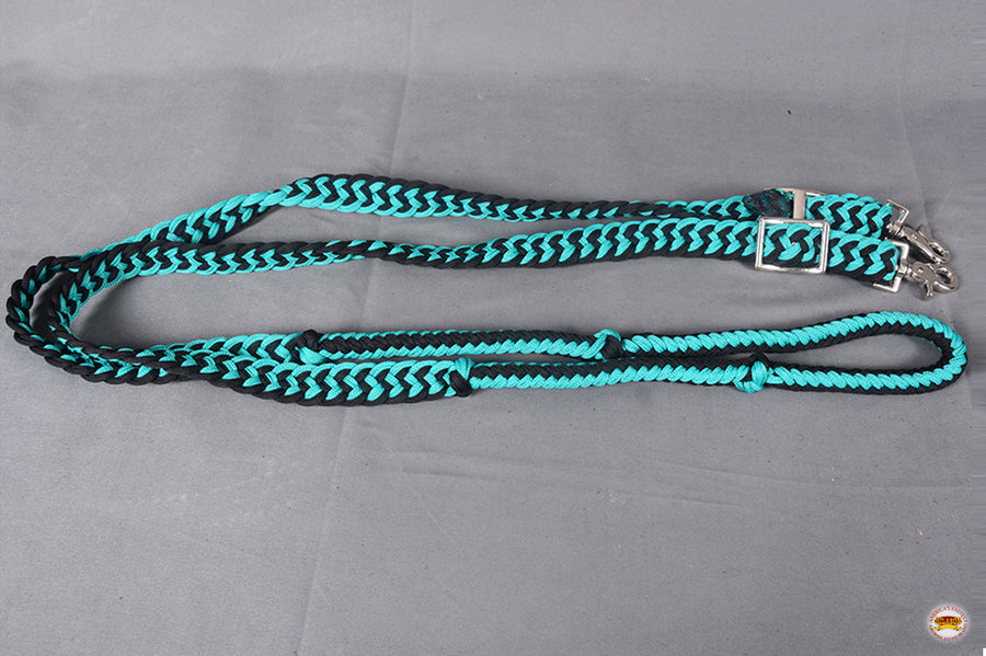8 Ft. HILASON Braided Turquoise & Black Flat Poly Roping Rein w/ Trigger Snap