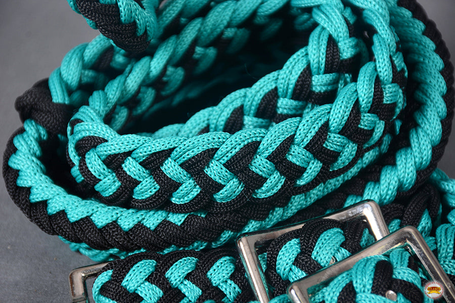 8 Ft. HILASON Braided Turquoise & Black Flat Poly Roping Rein w/ Trigger Snap