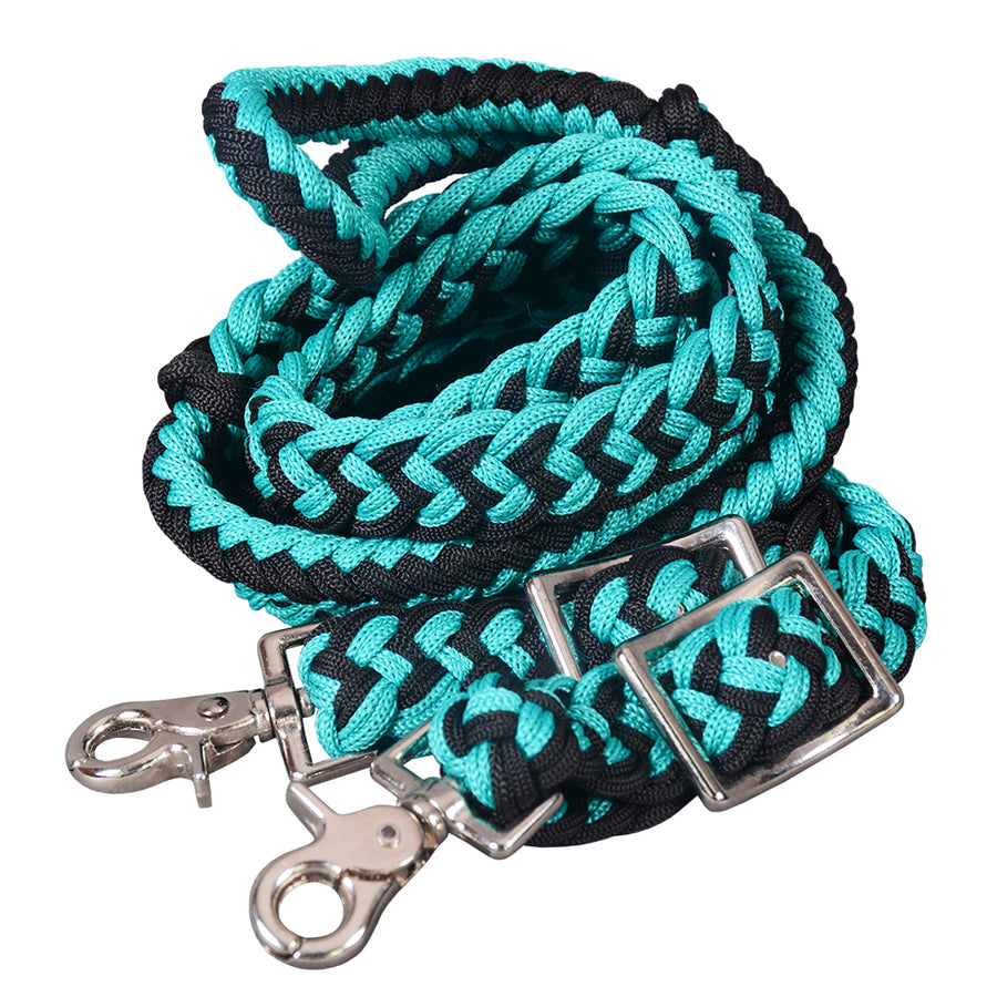 8 Ft. HILASON Braided Turquoise and Black Flat Poly Roping Rein with Trigger Snap - Uhorse
