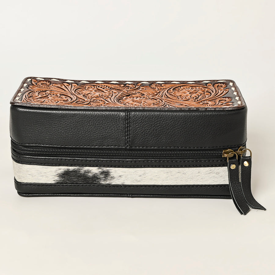 American Darling Hair-On Cowhide Hand Tooled Floral Carved Leather Jewelry Case Genuine Western Leather with YKK Zipper