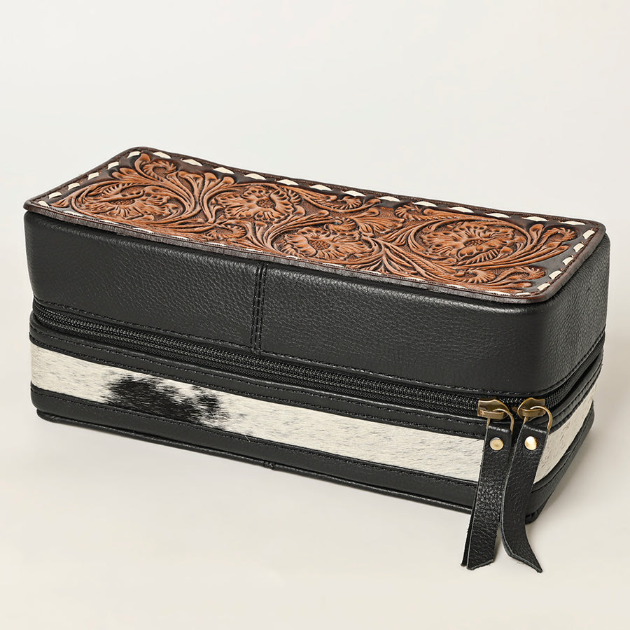 American Darling Hair-On Cowhide Hand Tooled Floral Carved Leather Jewelry Case Genuine Western Leather with YKK Zipper