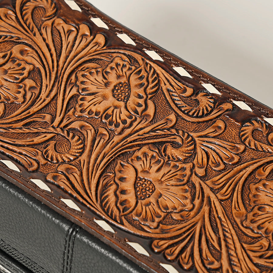 American Darling Hair-On Cowhide Hand Tooled Floral Carved Leather Jewelry Case Genuine Western Leather with YKK Zipper
