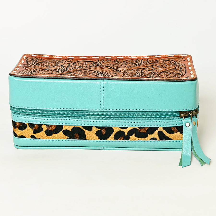 American Darling Hair-On Cowhide Hand Tooled Floral Carved Leather Jewelry Case Genuine Western Leather with YKK Zipper