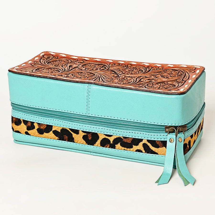 American Darling Hair-On Cowhide Hand Tooled Floral Carved Leather Jewelry Case Genuine Western Leather with YKK Zipper