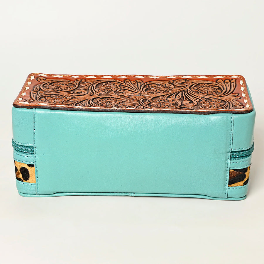 American Darling Hair-On Cowhide Hand Tooled Floral Carved Leather Jewelry Case Genuine Western Leather with YKK Zipper