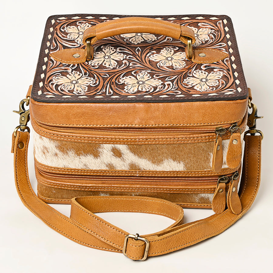 American Darling Hair-On Cowhide Hand Tooled Floral Carved Leather Jewelry Case Genuine Western Leather with YKK Zipper