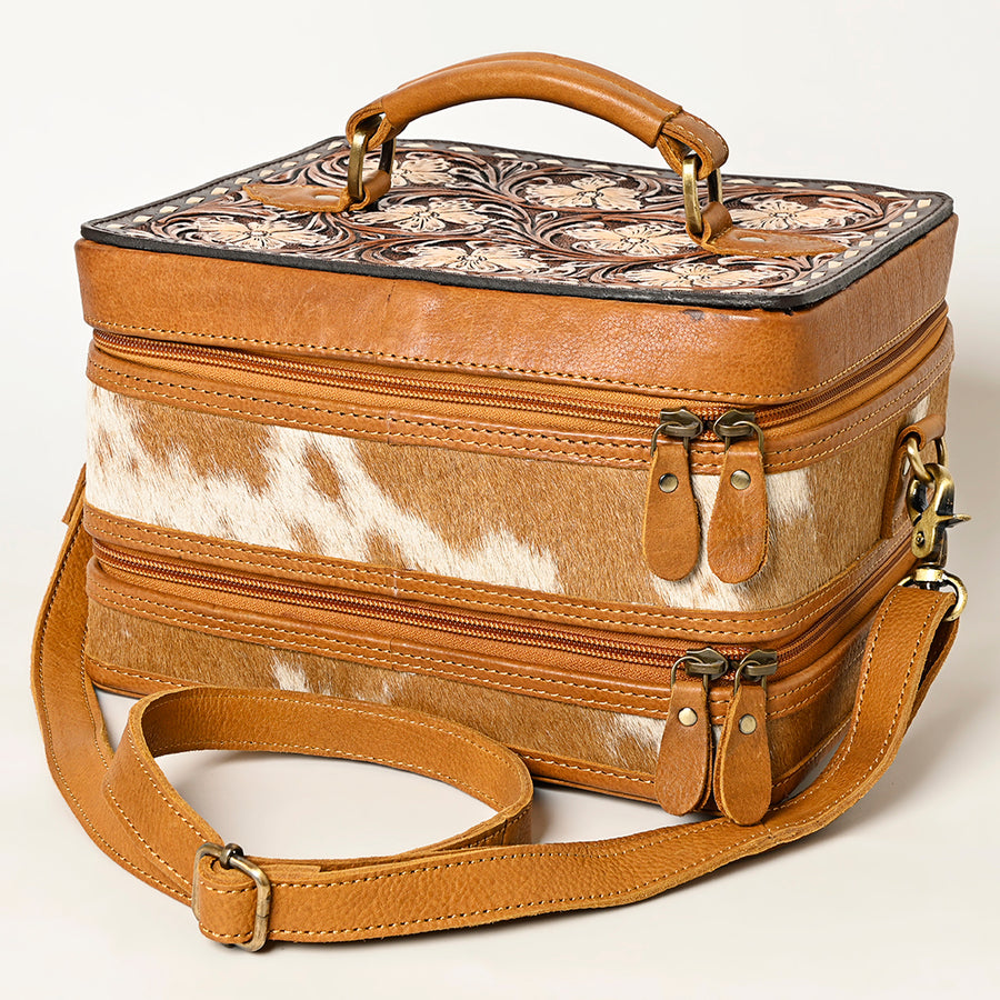 American Darling Hair-On Cowhide Hand Tooled Floral Carved Leather Jewelry Case Genuine Western Leather with YKK Zipper