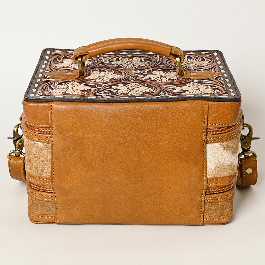 American Darling Hair-On Cowhide Hand Tooled Floral Carved Leather Jewelry Case Genuine Western Leather with YKK Zipper