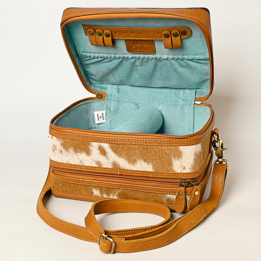 American Darling Hair-On Cowhide Hand Tooled Floral Carved Leather Jewelry Case Genuine Western Leather with YKK Zipper