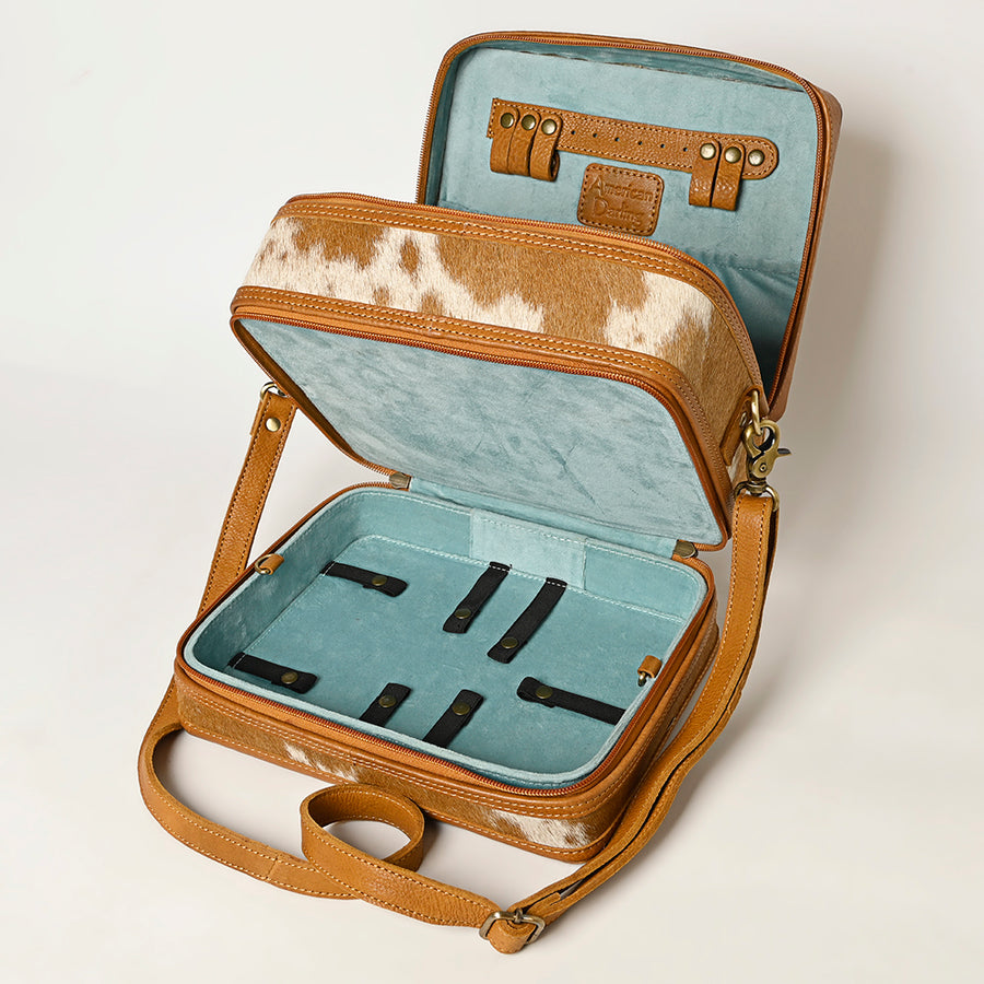 American Darling Hair-On Cowhide Hand Tooled Floral Carved Leather Jewelry Case Genuine Western Leather with YKK Zipper