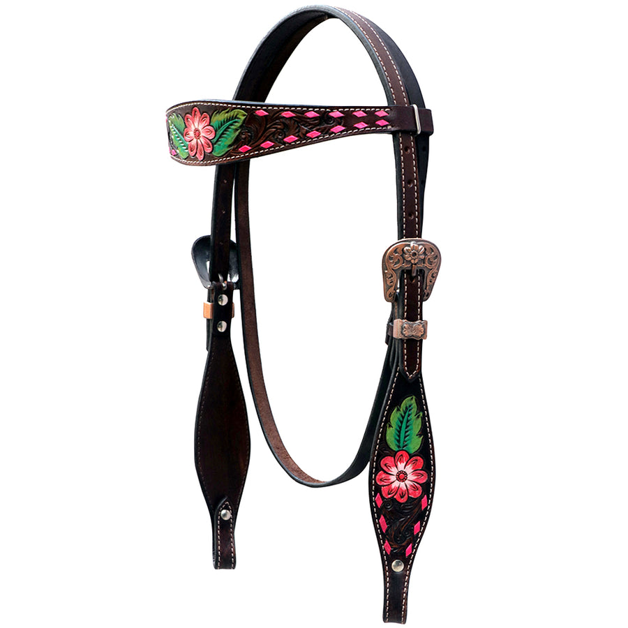Black leather western headstall with floral embroidery - Uhorse