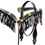 Comfytack Floral Horse Western Leather Breast Collar & Headstall Fringes