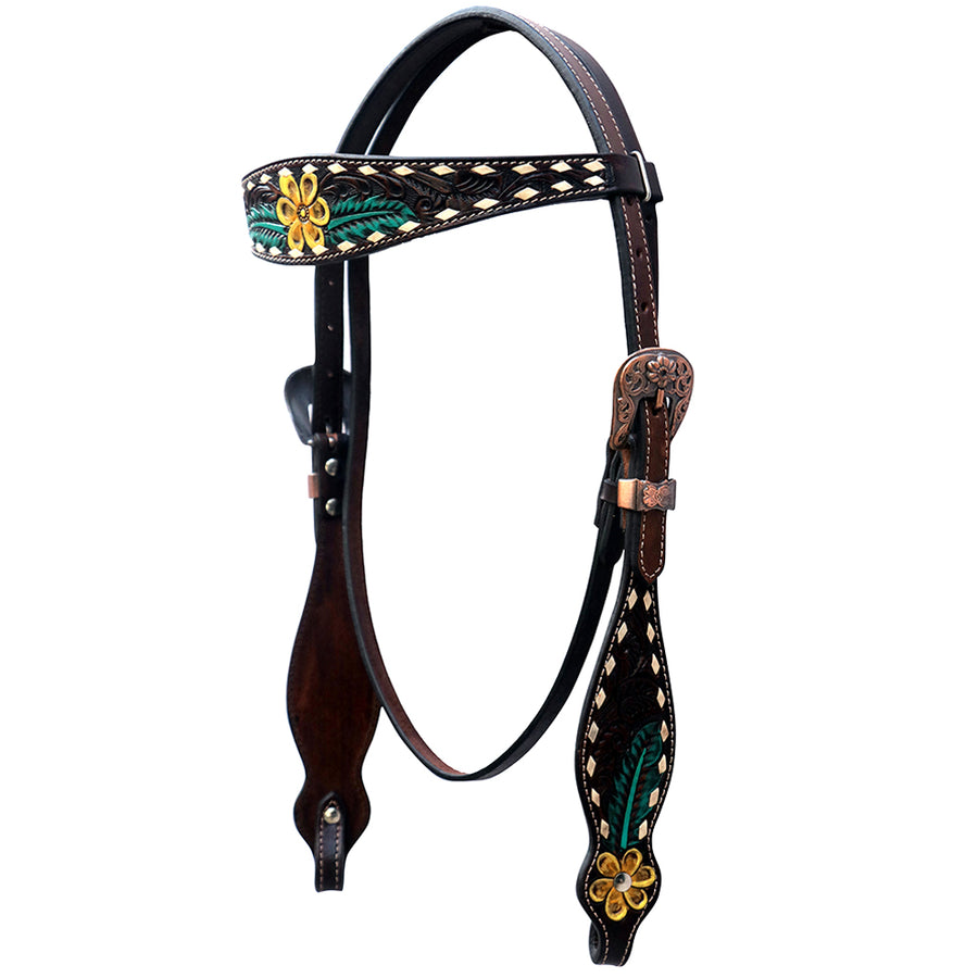 Western leather headstall with floral tooling and embroidered details - Uhorse