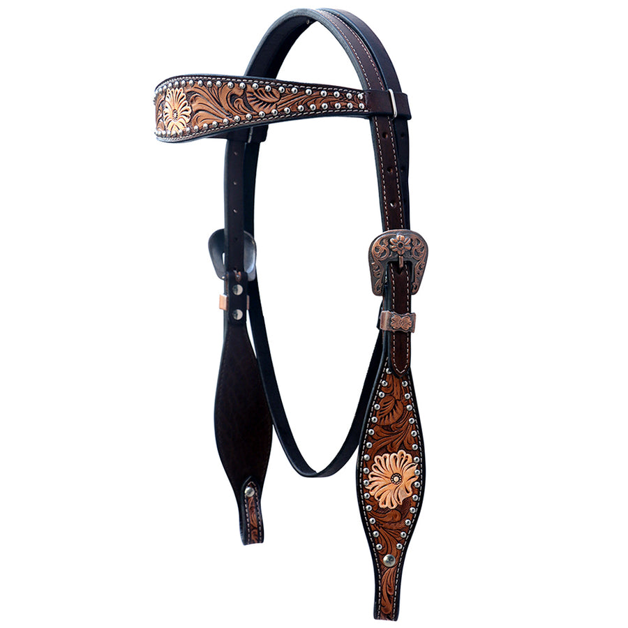 Coiffe Western Comfytack En Cuir Véritable - Marron, Peinte à La Main, Taille Standard