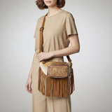 American Darling Western Leather Fanny Pack with Hair-On Cowhide, Fringe Detailing, Hand-Tooled Front Pocket & Adjustable Strap