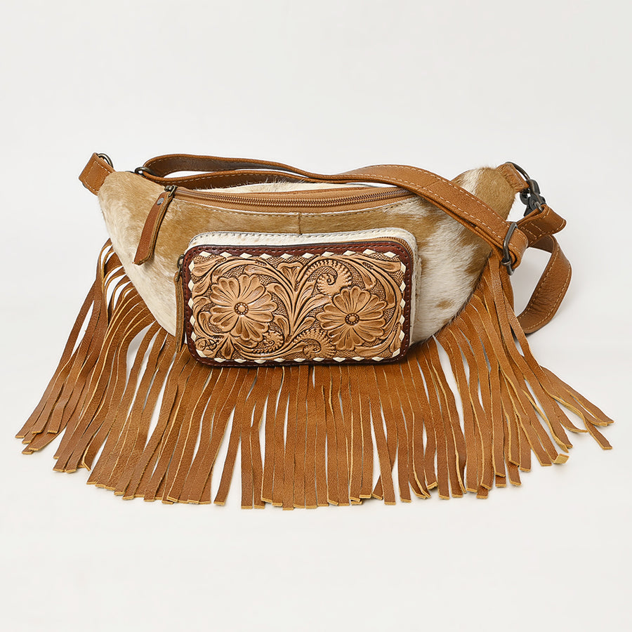 American Darling Western Leather Fanny Pack with Hair-On Cowhide, Fringe Detailing, Hand-Tooled Front Pocket & Adjustable Strap