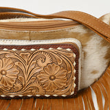American Darling Western Leather Fanny Pack with Hair-On Cowhide, Fringe Detailing, Hand-Tooled Front Pocket & Adjustable Strap
