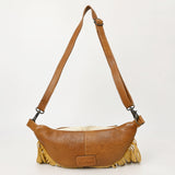American Darling Western Leather Fanny Pack with Hair-On Cowhide, Fringe Detailing, Hand-Tooled Front Pocket & Adjustable Strap