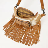 American Darling Western Leather Fanny Pack with Hair-On Cowhide, Fringe Detailing, Hand-Tooled Front Pocket & Adjustable Strap