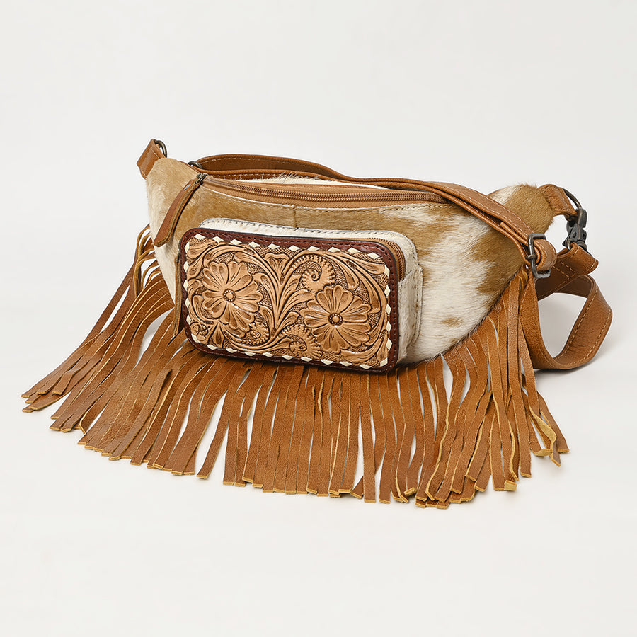 American Darling Western Leather Fanny Pack with Hair-On Cowhide and Fringe | Hand-Tooled Waist Bag - Uhorse