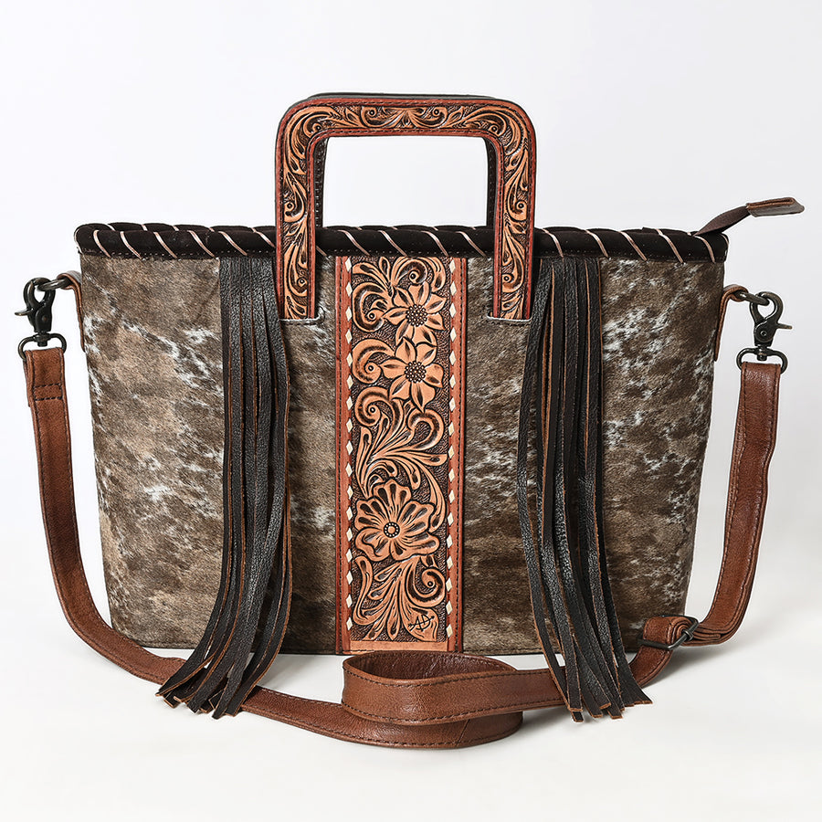 American Darling Western Leather Tote Bag with Hair-On Cowhide, Hand-Tooled Panel, Sturdy Handles, Fringe Sides & Detachable Strap
