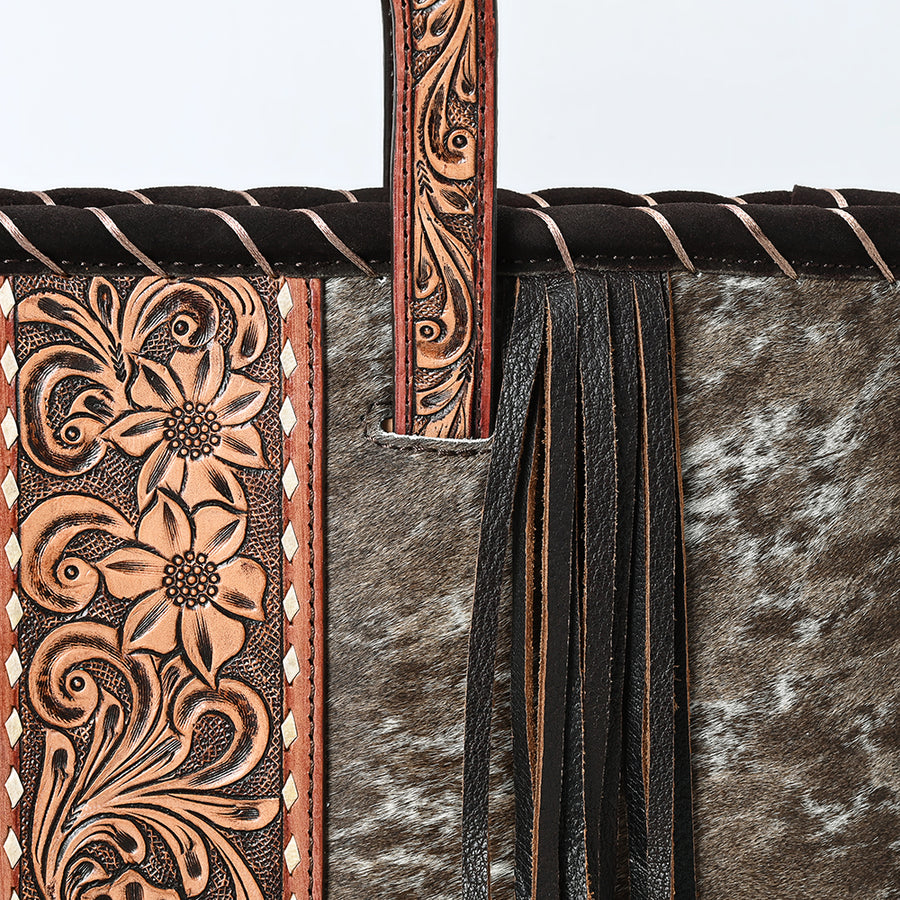 American Darling Western Leather Tote Bag with Hair-On Cowhide, Hand-Tooled Panel, Sturdy Handles, Fringe Sides & Detachable Strap