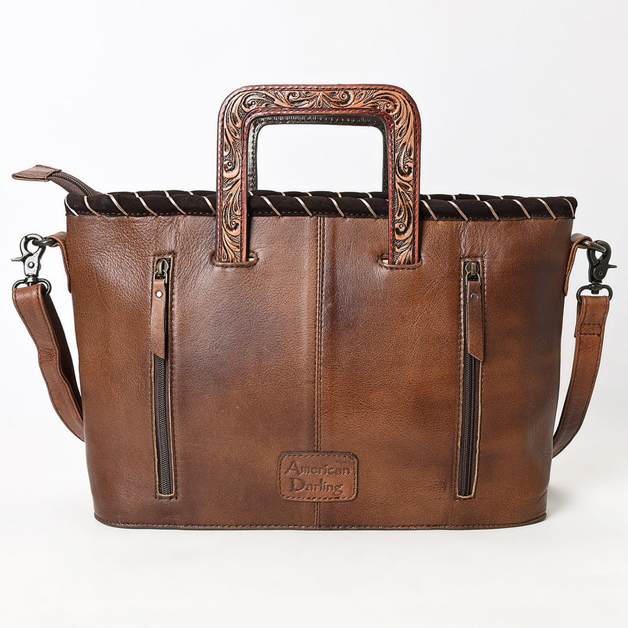 American Darling Western Leather Tote Bag with Hair-On Cowhide, Hand-Tooled Panel, Sturdy Handles, Fringe Sides & Detachable Strap