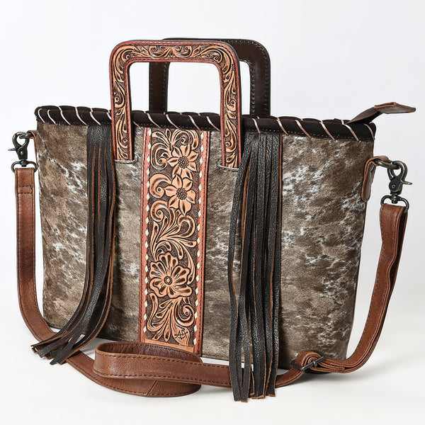 American Darling Western Leather Tote Bag with Hair-On Cowhide and Hand-Tooled Handles | Fringe Detail - Uhorse