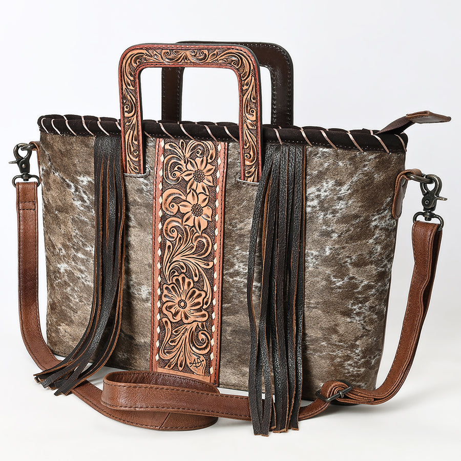 American Darling Western Leather Tote Bag with Hair-On Cowhide and Hand-Tooled Handles | Fringe Detail - Uhorse