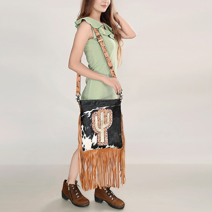 American Darling Hair-On Cowhide Western Leather Large Crossbody Bag with Hand-Tooled Panel, Fringe Accents & Adjustable Strap