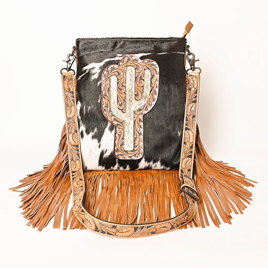 American Darling Hair-On Cowhide Western Leather Large Crossbody Bag with Hand-Tooled Panel, Fringe Accents & Adjustable Strap