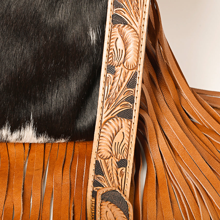 American Darling Hair-On Cowhide Western Leather Large Crossbody Bag with Hand-Tooled Panel, Fringe Accents & Adjustable Strap