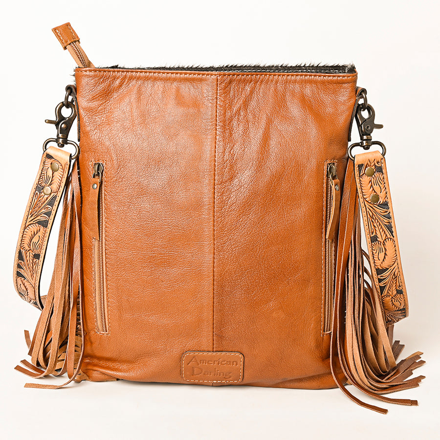 American Darling Hair-On Cowhide Western Leather Large Crossbody Bag with Hand-Tooled Panel, Fringe Accents & Adjustable Strap