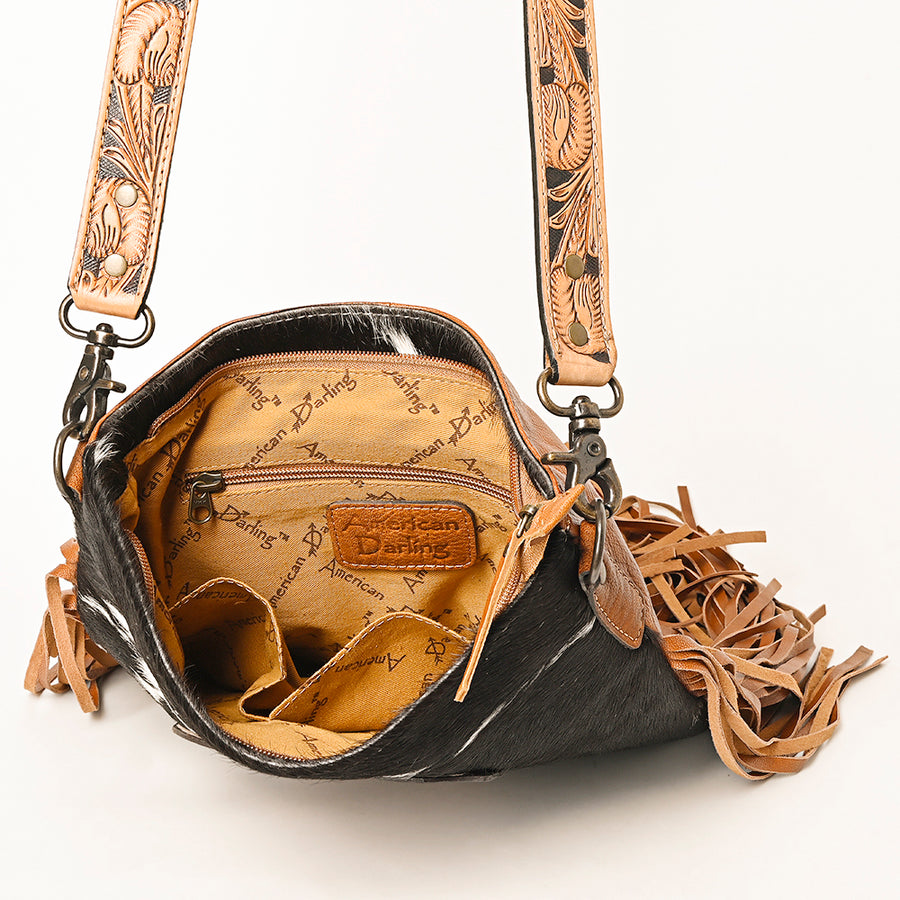 American Darling Hair-On Cowhide Western Leather Large Crossbody Bag with Hand-Tooled Panel, Fringe Accents & Adjustable Strap
