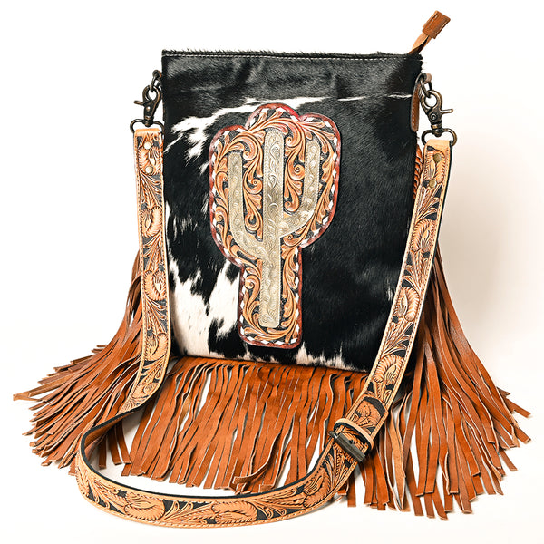 American Darling Western Leather Hair-On Cowhide Large Crossbody Bag with Hand-Tooled Fringe Detail - Uhorse