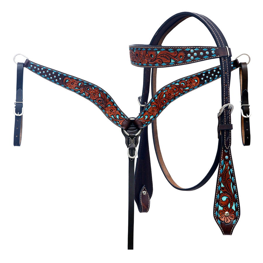 Hilason Horse Floral Hand Carved American Leather Breast Collar Headstall Brown - Uhorse